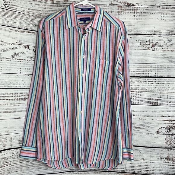 Alan flusser Shirt Mens Size large linen blend striped Button Up long sleeves - Picture 2 of 8